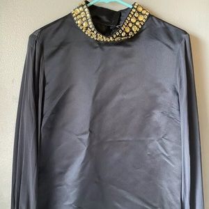 Red Valentino Silk Long Sleeve Black Top W/ Gold Embellished Collar &Wrist Decor